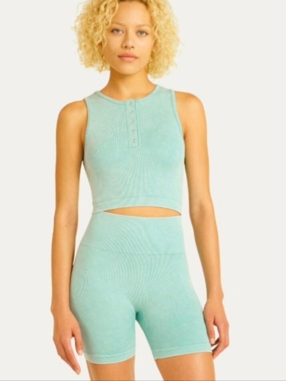 No Boundaries Seamless Henley Set Aqua Pearl Athletic Shorts And Top